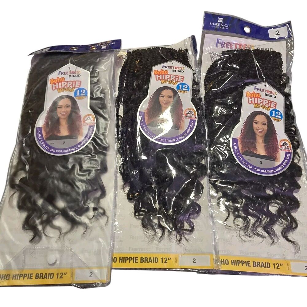 Lot of 3 Freetress Synthetic Boho Hippie Braid Crochet 12 in Color 2 Dark‎ Brown